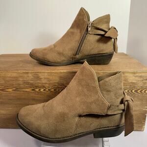 Boho Faux Suede Ankle Boots Womens 7/8 Softgirl Brown Low Block Heel Bow Casual